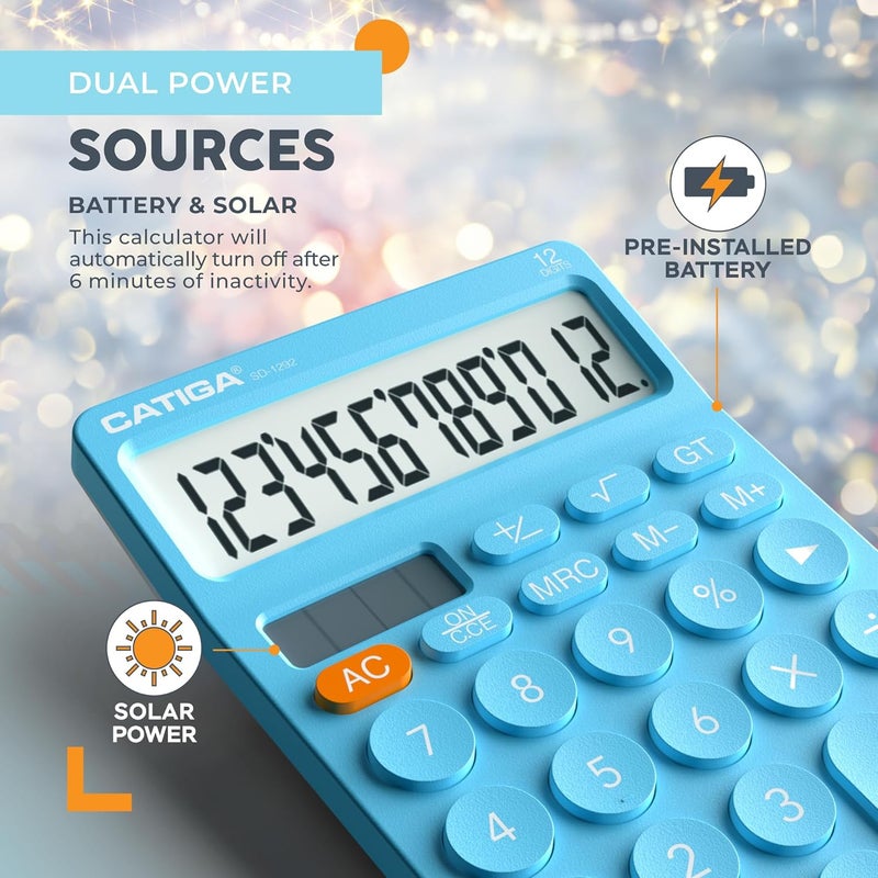 CATIGA 12 Digit Desktop Calculator Basic Desk Calculator with Large LCD Display, Big Buttons, 4 Function, Solar and Battery Dual Power, for Office, School, Home, SD-1292 Blue - Image 5